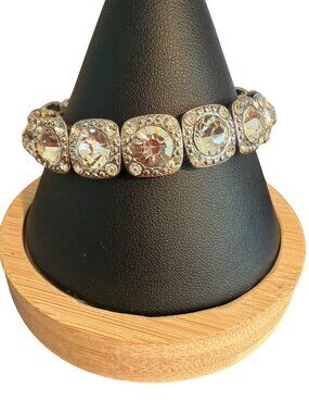 Silver Tone Clear Rhinestone Stretch Bracelet Large Crystal Accents Adj 7"